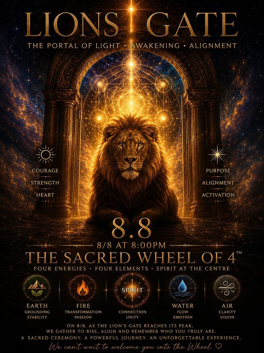 Lions Gate 8.8 — the first Sacred Wheel of 4 event